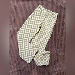 beige and white checkered baggy jeans